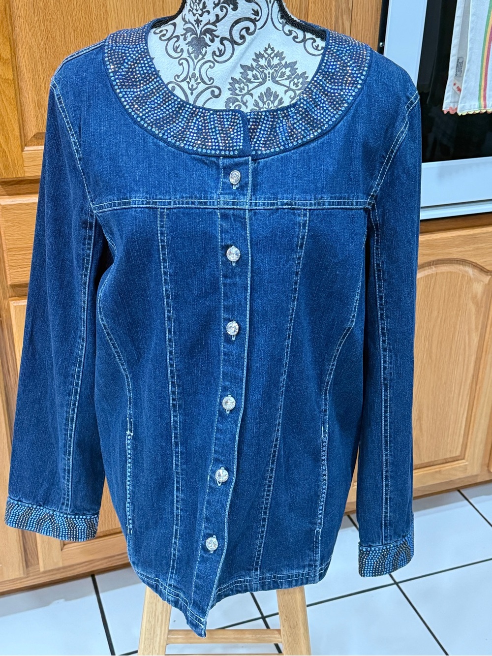 Vintage Y2K Quacker Factory L Rhinestone Dark Wash Denim Jacket